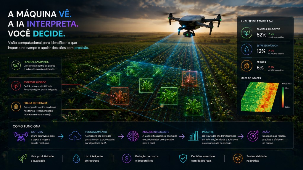 Drone com visão computacional — detecção de saúde da cultura, estresse hídrico, pragas, mapa NDVI e fluxo Captura até Ação