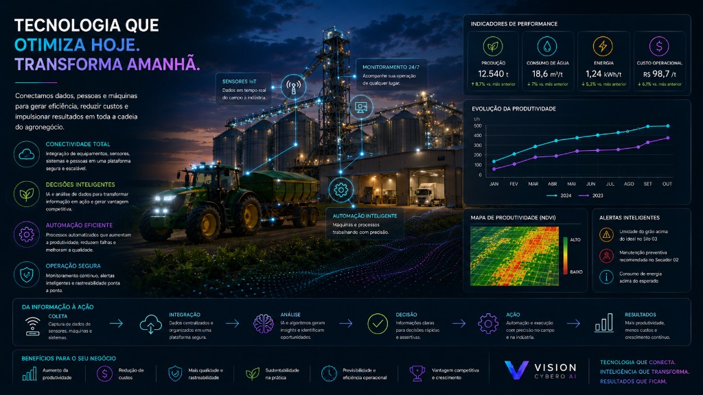 Ecossistema Vision Cybero AI — IoT, monitoramento 24/7, automação, KPIs, NDVI, alertas e fluxo Coleta até Resultados