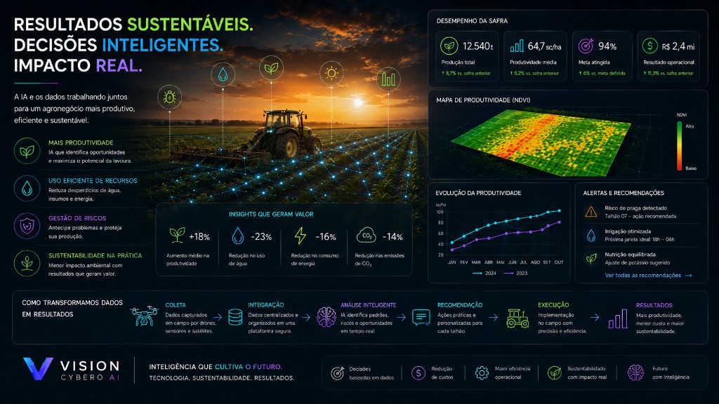 Parcerias Vision Cybero AI — resultados sustentáveis, KPIs de safra, insights de valor, NDVI e fluxo de transformação de dados em resultados