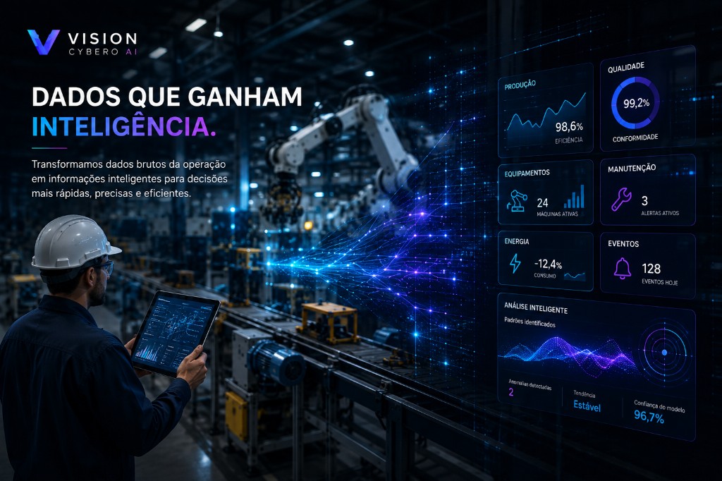 Câmera industrial analisando produto na linha — IA identifica padrões de forma discreta