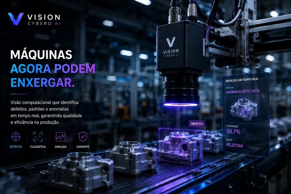 Close cinematográfico de câmera industrial com produto passando e bounding box mínimo